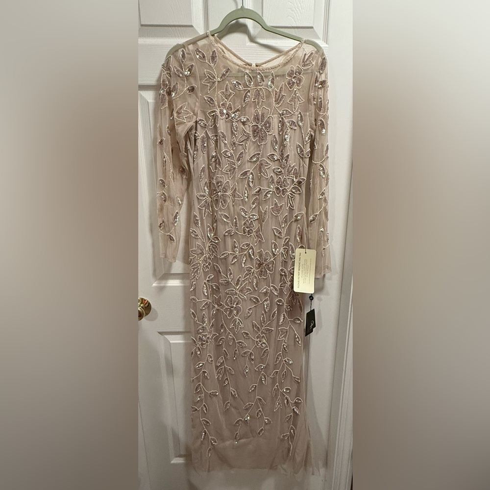 Adrianna Papell Illusion Beaded Gown in Latte Color Size 8
